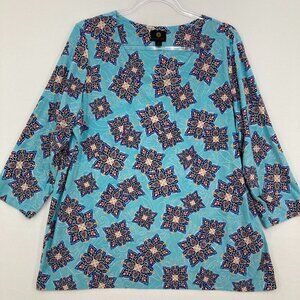 JM Collection size 1X Blue Multi Geometric Stretch Knit 3/4 Sleeve Pullover Top